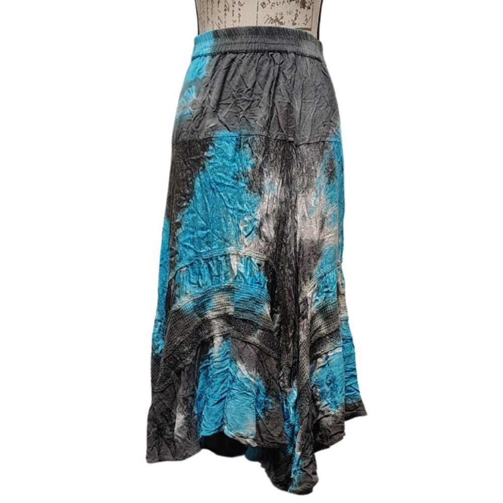 Blue Tie Dye Embroidered Maxi Skirt OS Asymmetrical Gypsy Hippie Flowy